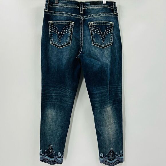Vigoss Blue Washed Heritage Mid Rise Embroidered Hem Skinny Jeans 12 Maurice’s - Picture 3 of 6